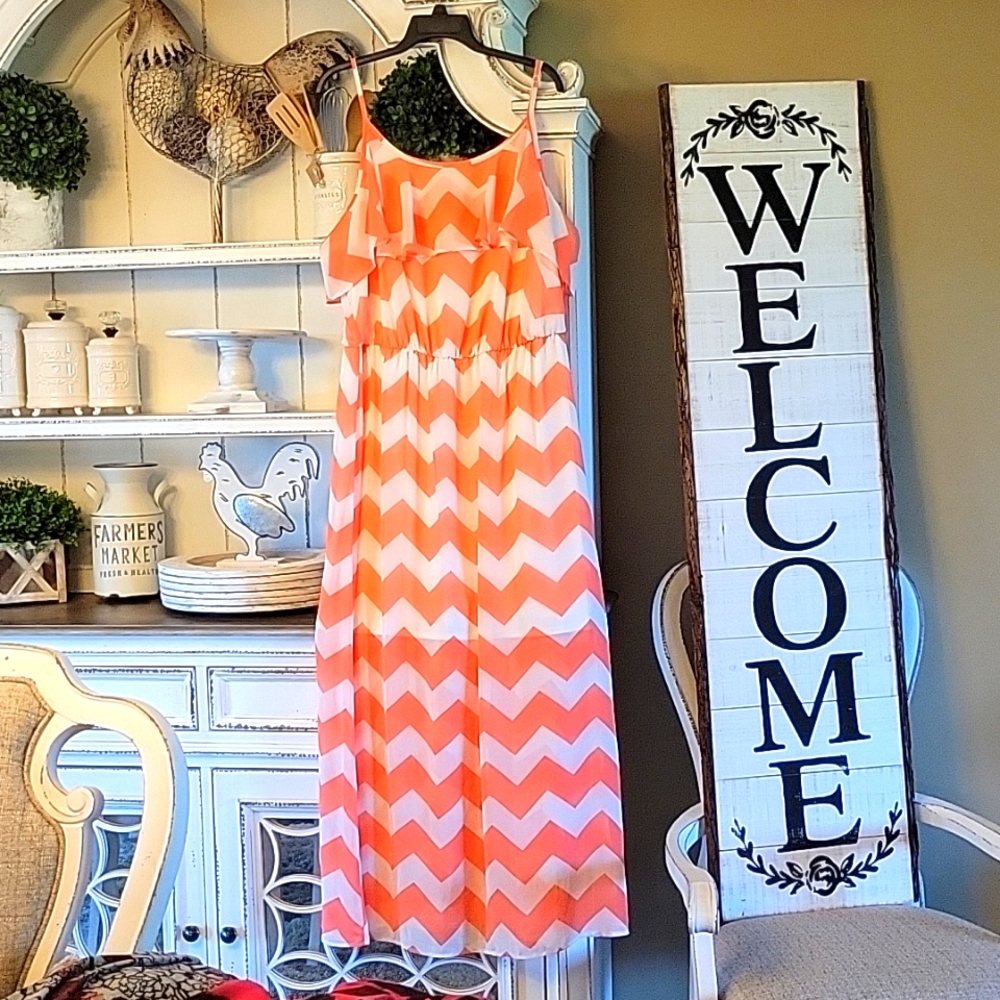 Coral and White Chevron Maxi Dress